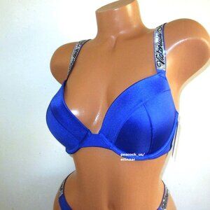 38DD VICTORIA SECRET Swim Shine Strap Push Up Bikini Top Blue Rhinestone $70